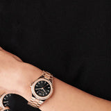  Shop Authentic Michael Kors Lennox Three-Hand Black Dial Rose Gold Steel Strap Watch For Women - MK7233 - Luxxuri