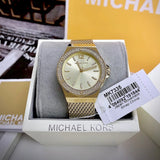  Shop Authentic Michael Kors Lennox Three-Hand Gold Dial Gold Mesh Bracelet Watch For Women - MK7335 - Luxxuri