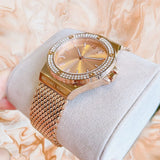  Shop Authentic Michael Kors Lennox Three Hand Rose Gold Dial Rose Gold Mesh Strap Watch For Women - MK7336 - Luxxuri