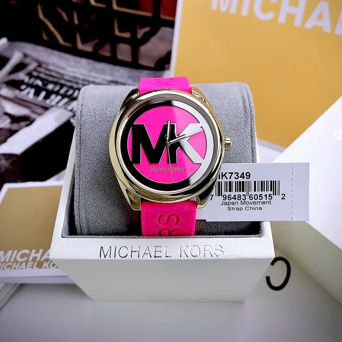  Shop Authentic Michael Kors Janelle Quartz Pink Dial Pink Rubber Strap Watch For Women - MK7349 - Luxxuri
