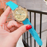  Shop Authentic Michael Kors Mini Pilot Quartz Gold Dial Blue Silicone Strap Watch For Women - MK7374 - Luxxuri