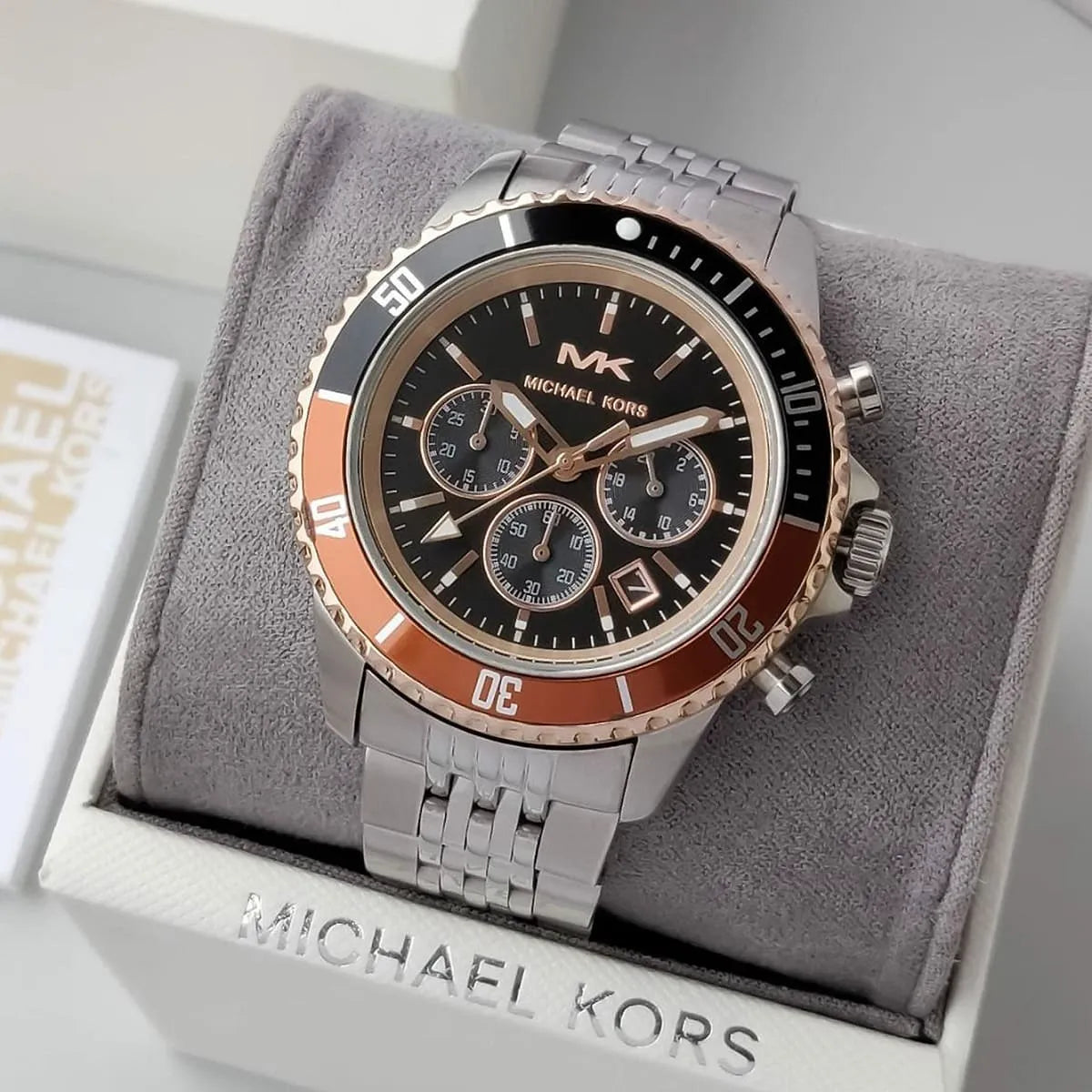  Shop Authentic Michael Kors Bayville Chronograph Black Dial Silver Steel Strap Watch For Men - MK8725 - Luxxuri