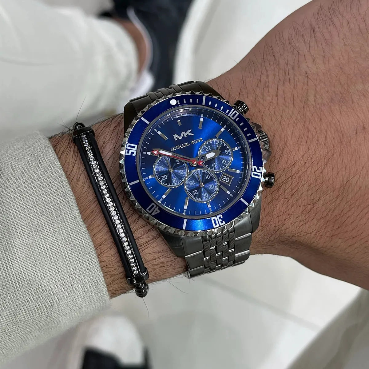  Shop Authentic Michael Kors Bayville Chronograph Blue Dial Grey Steel Strap Watch For Men - MK8727 - Luxxuri