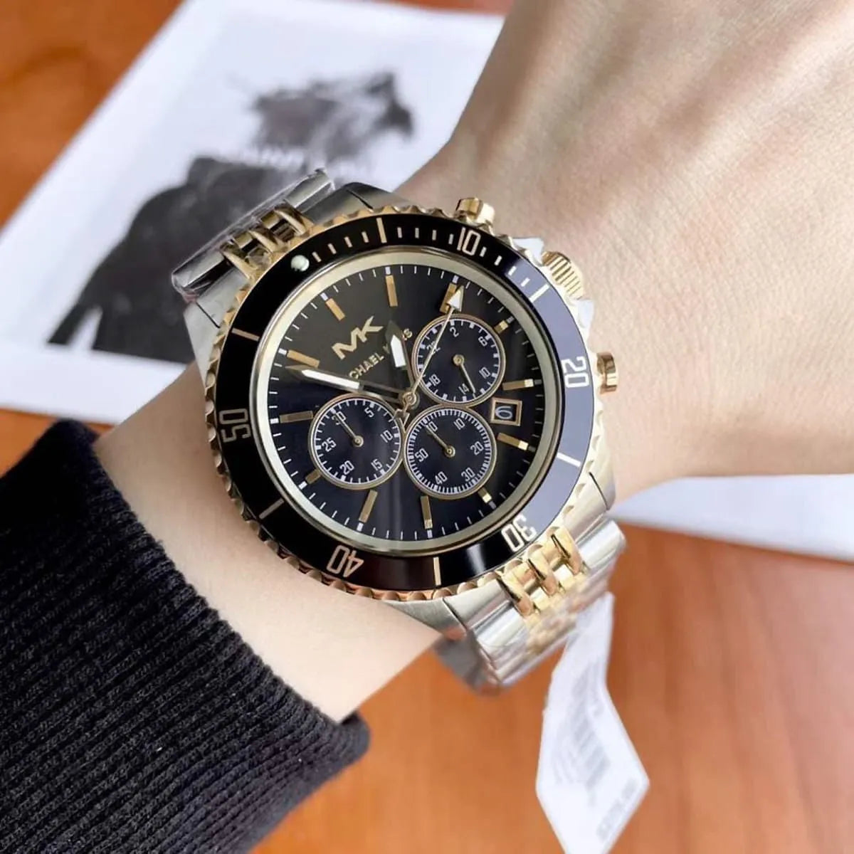  Shop Authentic Michael Kors Bayville Chronograph Black Dial Two Tone Steel Strap Watch For Women - MK8872 - Luxxuri