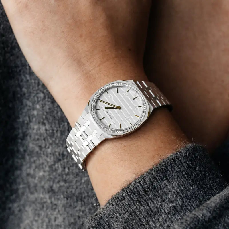  Shop Authentic Gucci 25H Quartz Diamonds Silver Dial Silver Steel Strap Watch for Women - YA163401 - Luxxuri