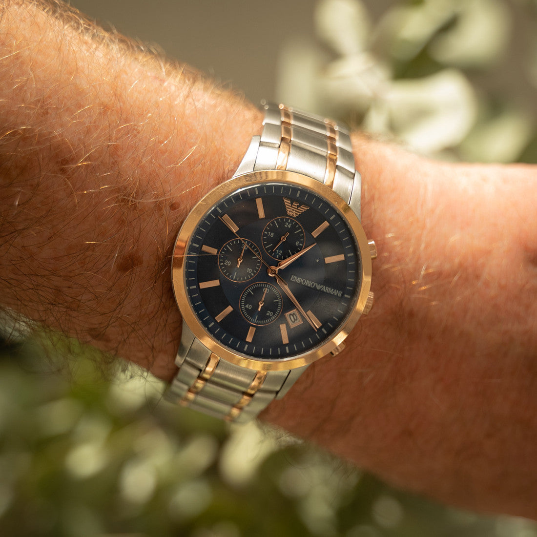  Shop Authentic Emporio Armani Renato Chronograph Blue Dial Two Tone Steel Strap Watch For Men - AR80025 - Luxxuri