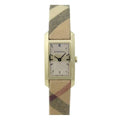 Burberry Pioneer Gold Dial Haymarket Beige Leather Strap Watch for Women - BU9509