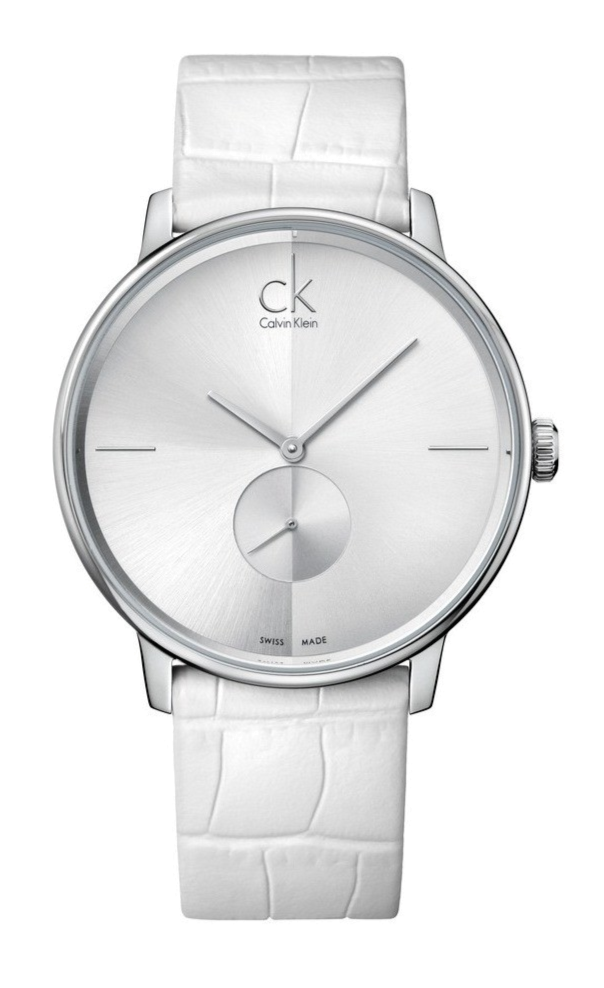  Shop Authentic Calvin Klein Accent Silver Dial White Leather Strap Watch for Women - K2Y211K6 - Luxxuri
