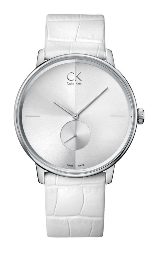  Shop Authentic Calvin Klein Accent Silver Dial White Leather Strap Watch for Women - K2Y211K6 - Luxxuri