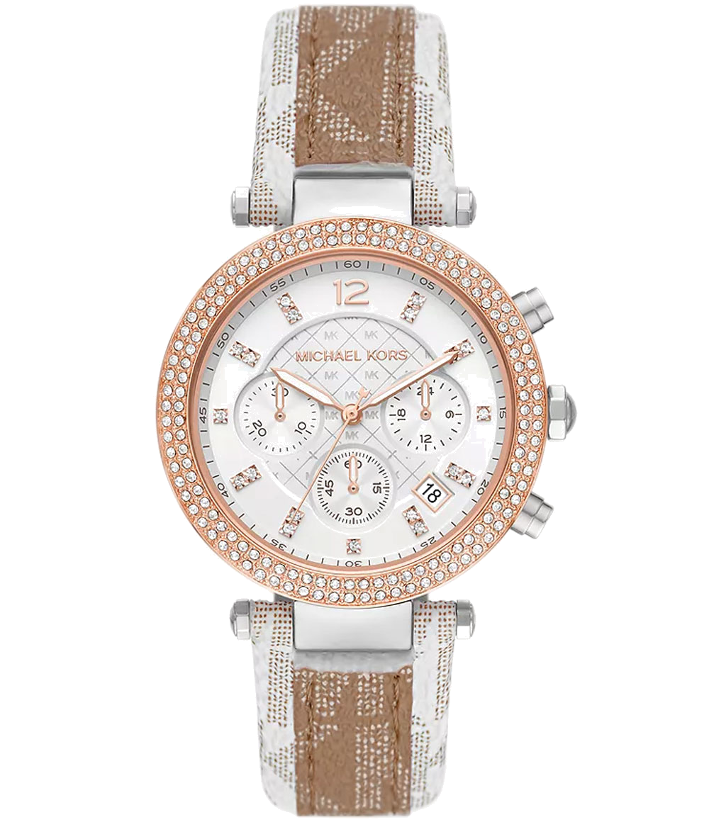  Shop Authentic Michael Kors Parker Chronograph White Dial Two Tone Leather Strap Watch For Women - MK6950 - Luxxuri