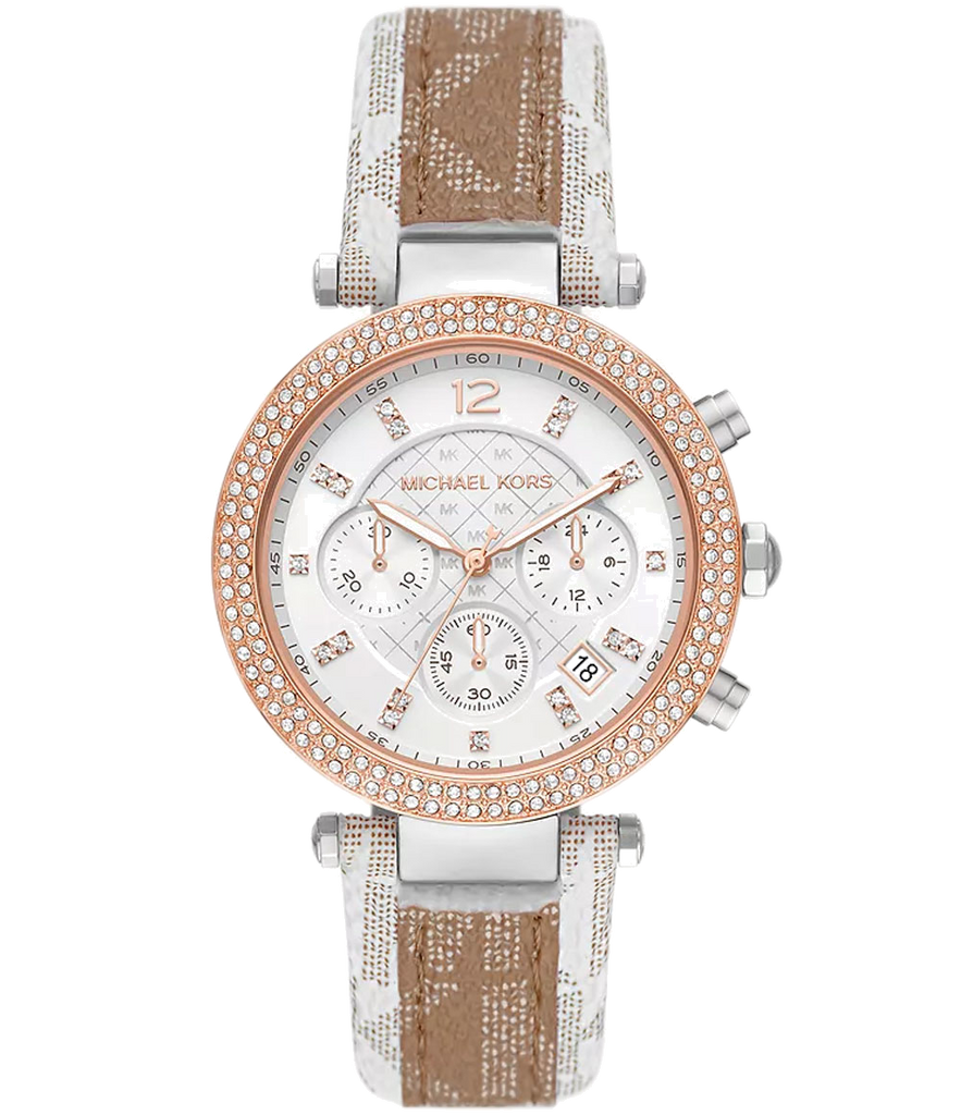  Shop Authentic Michael Kors Parker Chronograph White Dial Two Tone Leather Strap Watch For Women - MK6950 - Luxxuri