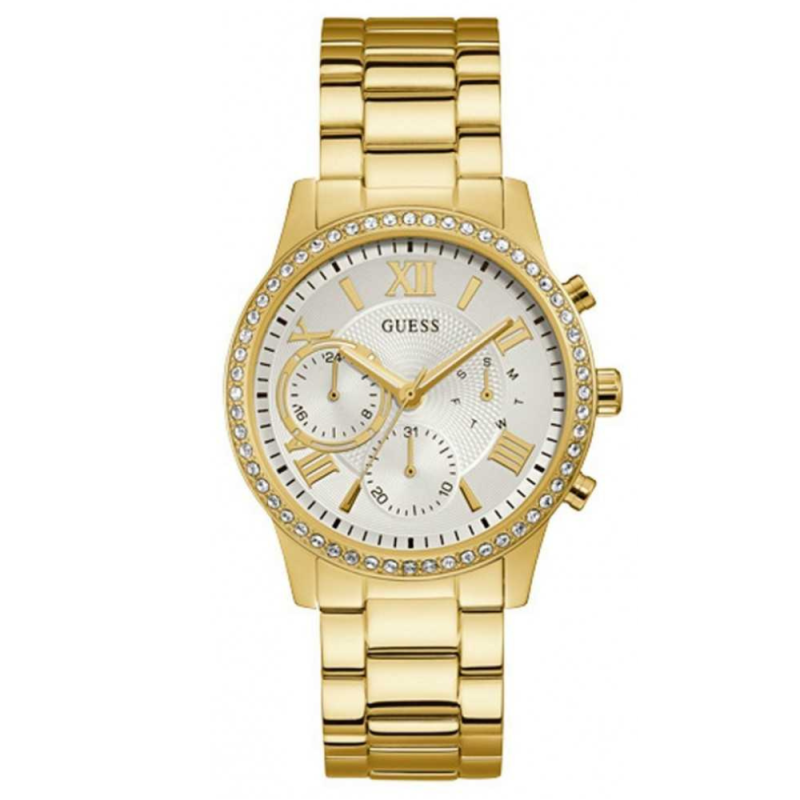  Shop Authentic Guess Solar Chronograph Diamonds White Dial Gold Steel Strap Watch for Women - W1069L2 - Luxxuri