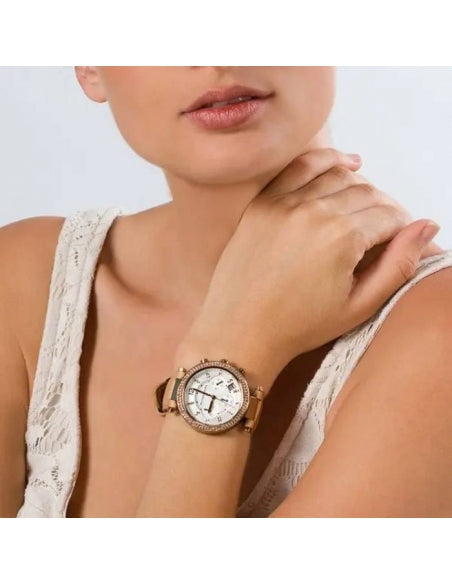  Shop Authentic Michael Kors Parker Chronograph White Dial Tan Leather Strap Watch for Women - MK5633 - Luxxuri