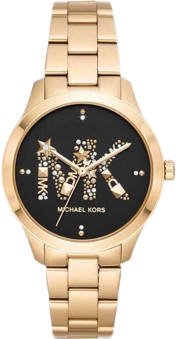 Michael Kors Runway Quartz Black Dial Gold Steel Strap Watch For Women - MK6682