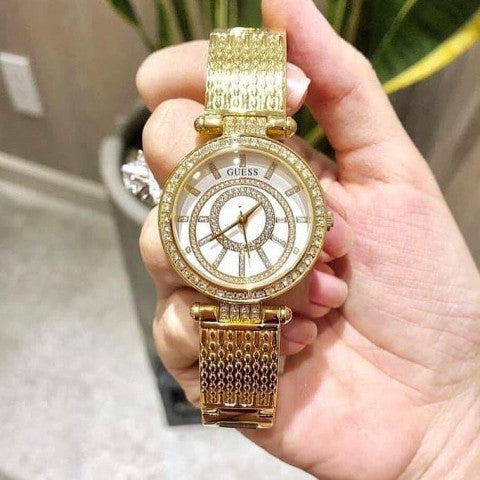  Shop Authentic Guess Muse Crystals White Dial Rose Gold Steel Strap Watch For Women - W1008L2 - Luxxuri