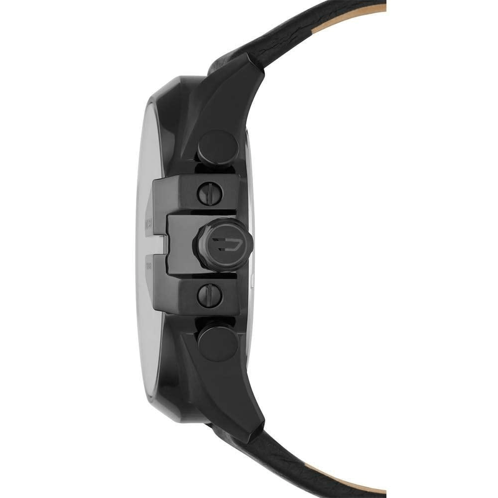 Diesel Mega Chief Chronograph Black Dial Black Leather Strap Watch For Men - DZ4291