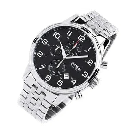  Shop Authentic Hugo Boss Aeroliner Chronograph Black Dial Silver Steel Strap Watch For Men - 1512446 - Luxxuri