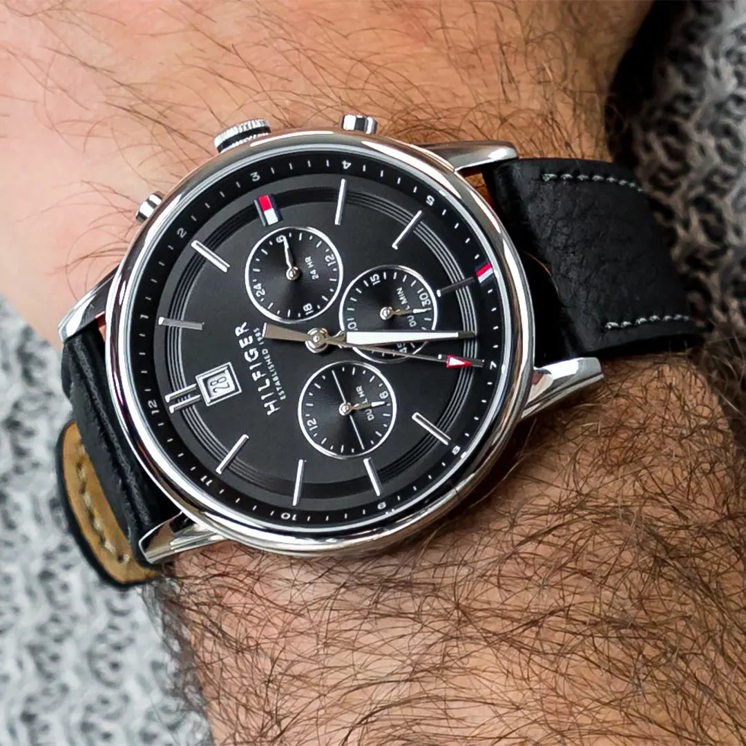  Shop Authentic Tommy Hilfiger Kyle Quartz Black Dial Black Leather Strap Watch for Men - 1791630 - Luxxuri