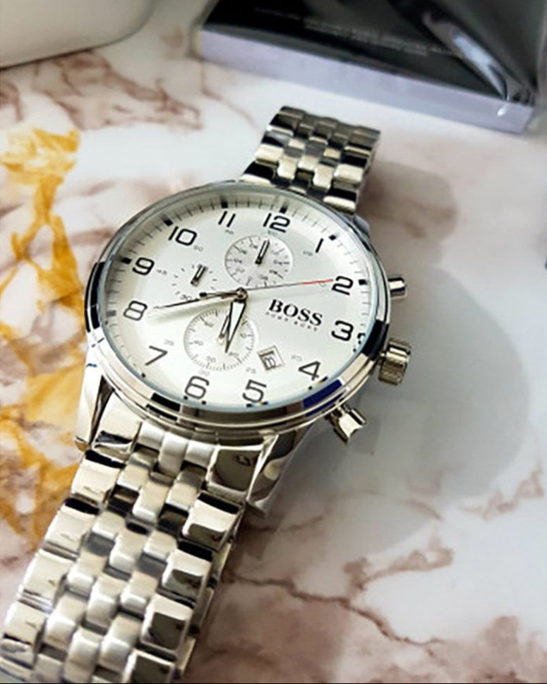 Hugo Boss Aeroliner Chronograph White Dial Silver Steel Strap Watch For Men - 1512445