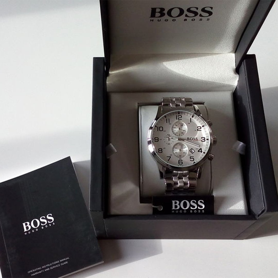  Shop Authentic Hugo Boss Aeroliner Chronograph White Dial Silver Steel Strap Watch For Men - 1512445 - Luxxuri