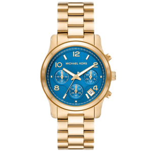  Shop Authentic Michael Kors Runway Chronograph Blue Dial Gold Steel Strap Watch For Women - MK7353 - Luxxuri