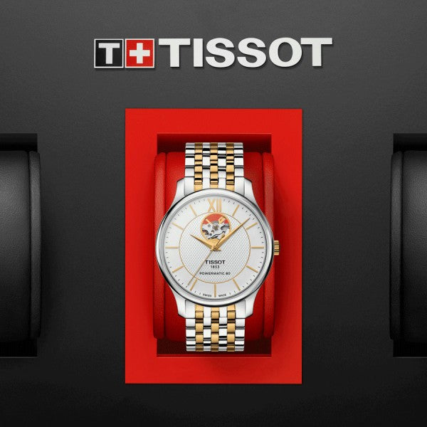 Tissot Tradition Powermatic 80 Open Heart Silver Dial Two Tone Steel Strap Watch For Men - T063.907.22.038.00