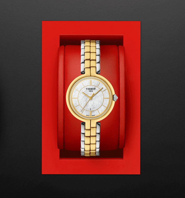 Tissot Flamingo Mother of Pearl White Dial Two Tone Steel Strap Watch For Women - T094.210.22.111.01
