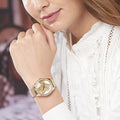 Guess Tri Glitz Quartz Diamonds Gold Dial Gold Mesh Bracelet Watch For Women - W1142L2