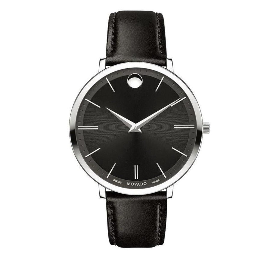 Movado Ultra Slim Black Dial Black Leather Strap Watch For Women - 0607090