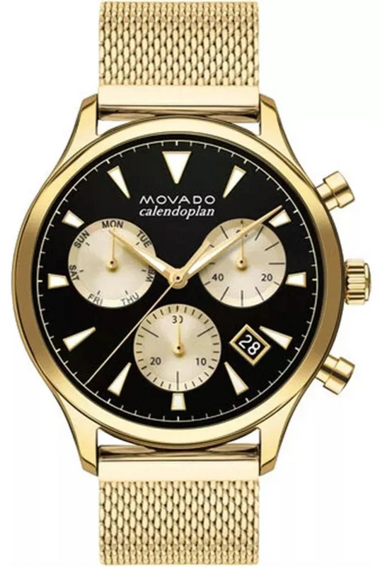  Shop Authentic Movado Heritage Calendoplan Chronograph Black Dial Gold Mesh Strap Watch for Men - 3650098 - Luxxuri
