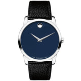  Shop Authentic Movado Museum Blue Dial Black Leather Strap Watch For Men - 607013 - Luxxuri