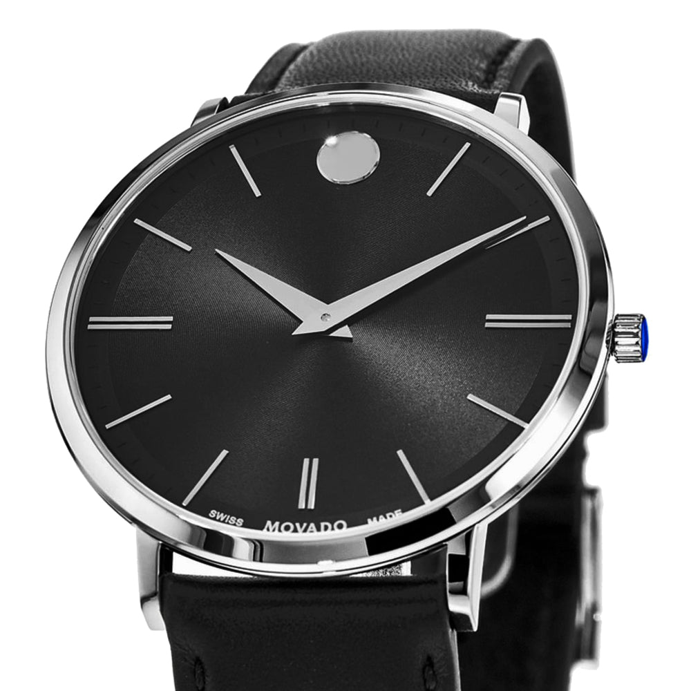  Shop Authentic Movado Ultra Slim Black Dial Black Leather Strap Watch For Men - 0607086 - Luxxuri