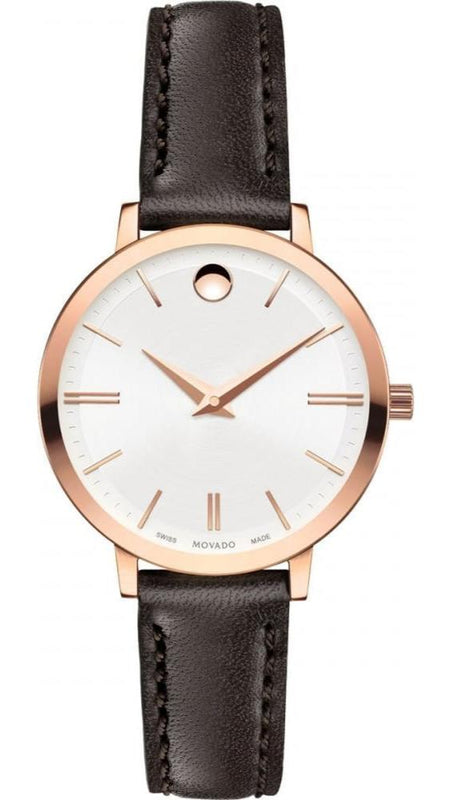  Shop Authentic Movado Ultra Slim White Dial Brown Leather Strap Watch For Women - 0607096 - Luxxuri