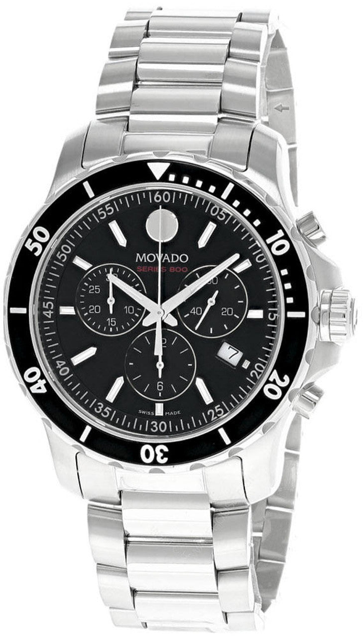 Movado Series 800 Chronograph Black Dial Silver Steel Strap Watch For Men - 2600142