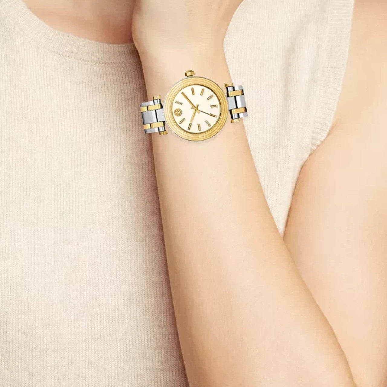 Tory Burch Classic T White Dial Two Tone Steel Strap Watch for Women - TBW9014