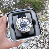  Shop Authentic Fossil Grant Automatic Skeleton White Dial Black Leather Strap Watch for Men - ME3101 - Luxxuri