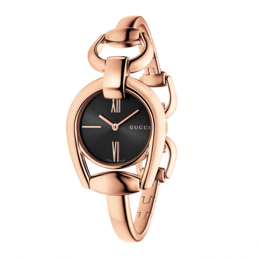  Shop Authentic Gucci Horsebit Collection Black Dial Rose Gold Steel Strap Watch For Women - YA139507 - Luxxuri