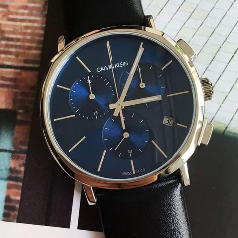  Shop Authentic Calvin Klein Chronograph Blue Dial Black Leather Strap Watch for Men - K8Q371CN - Luxxuri