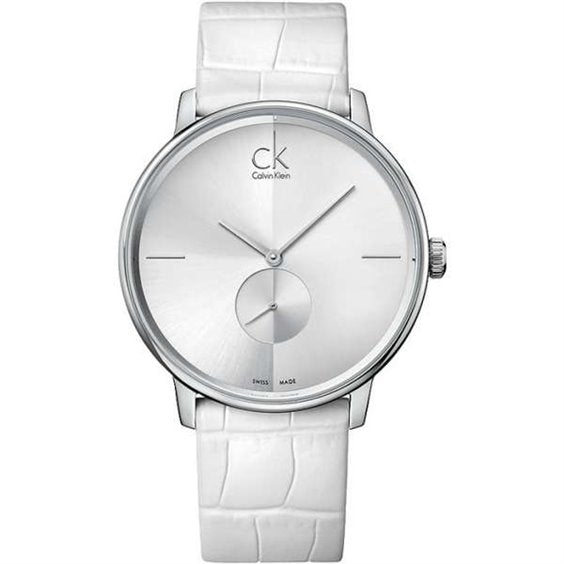  Shop Authentic Calvin Klein Accent Silver Dial White Leather Strap Watch for Women - K2Y231K6 - Luxxuri