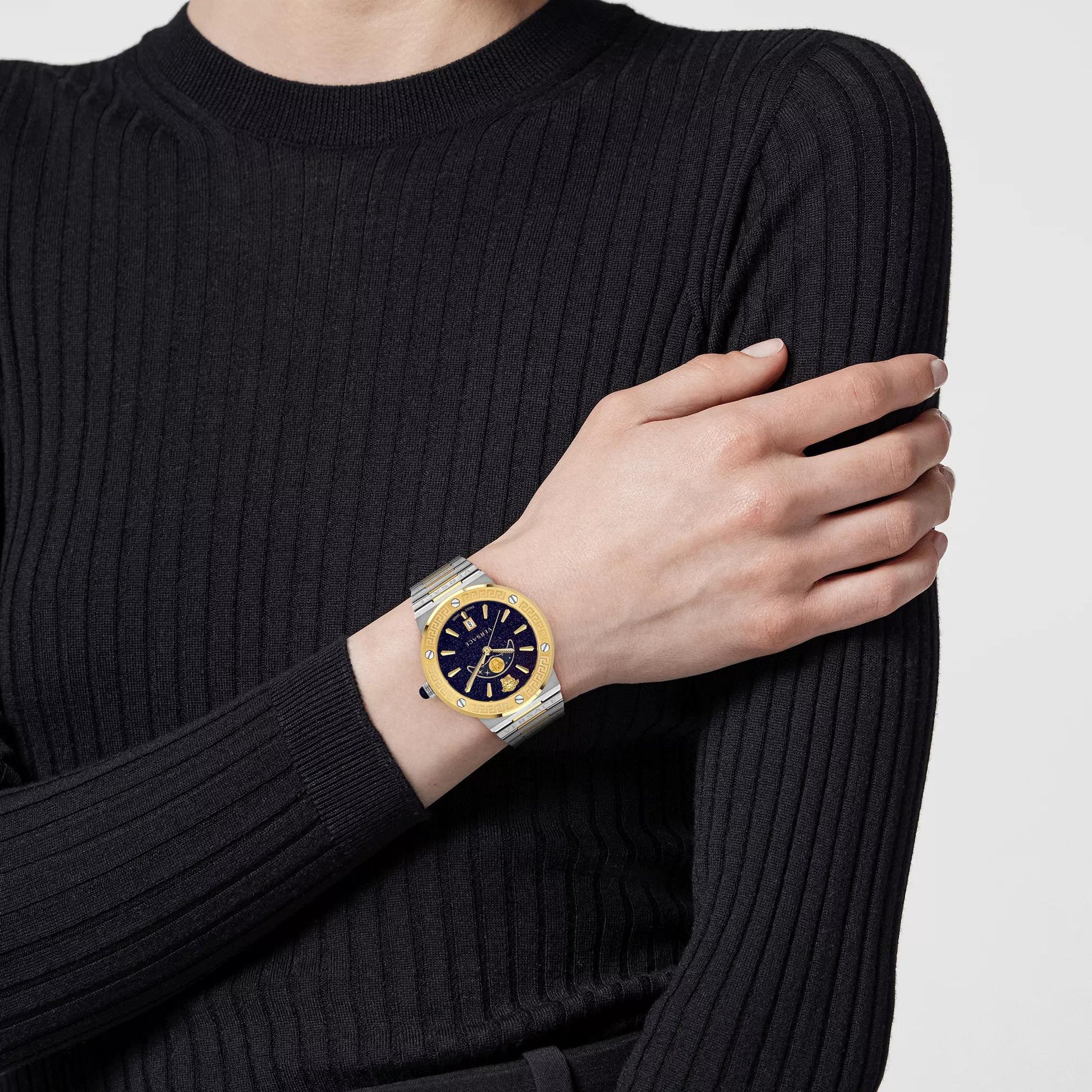  Shop Authentic Versace Greca Logo Moonphase Black Dial Two Tone Steel Strap Watch for Men - VE7G00223 - Luxxuri