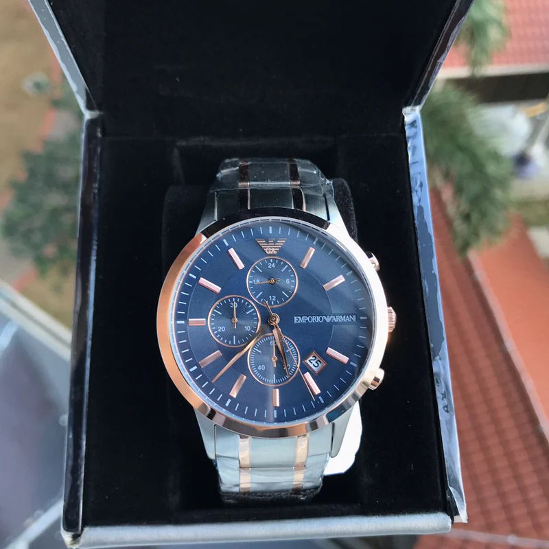  Shop Authentic Emporio Armani Renato Chronograph Blue Dial Two Tone Steel Strap Watch For Men - AR80025 - Luxxuri