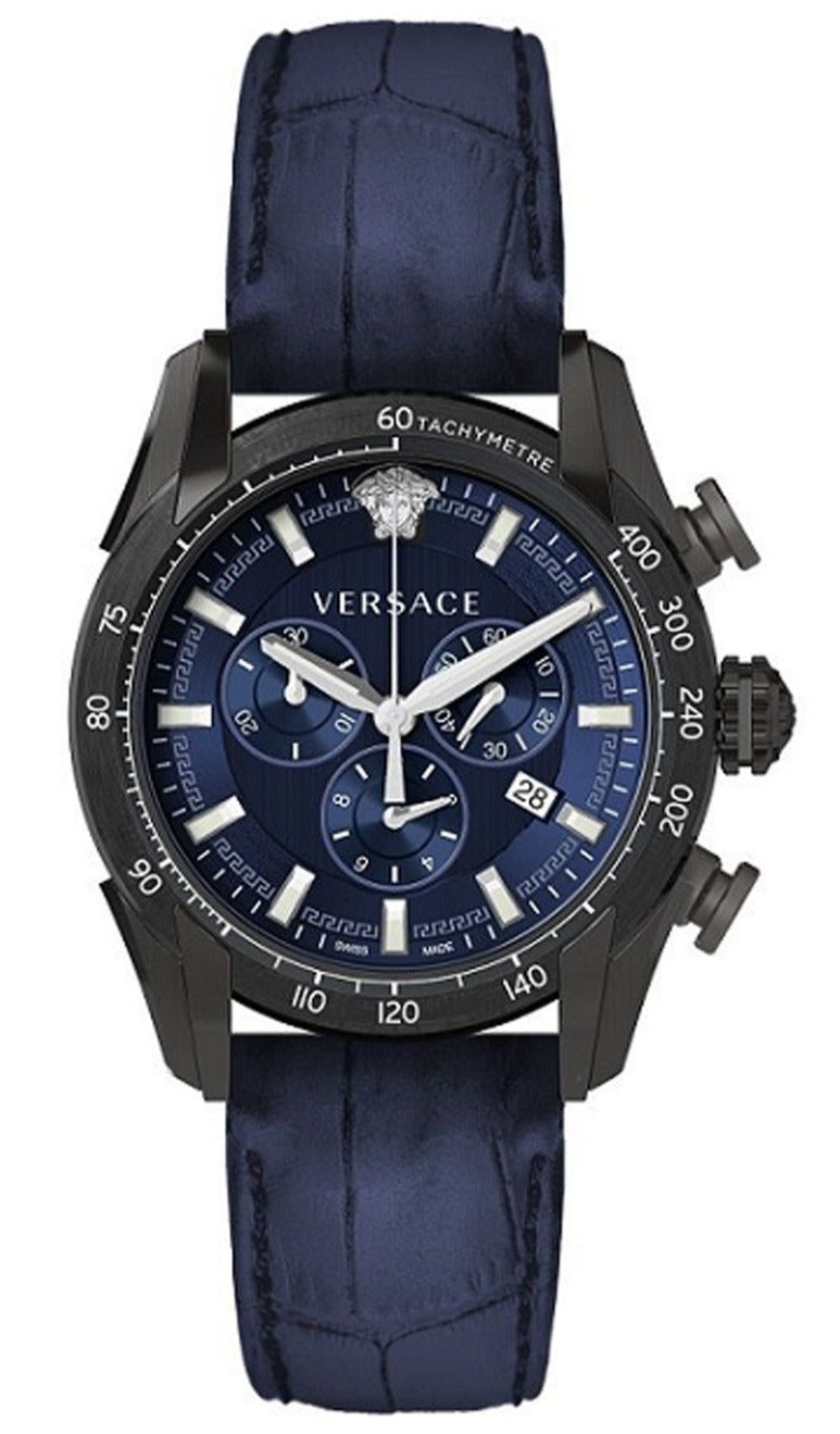  Shop Authentic Versace V-Ray Chronograph Quartz Blue Dial Black Leather Strap Watch For Men - VEDB00418 - Luxxuri