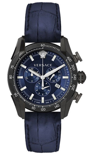  Shop Authentic Versace V-Ray Chronograph Quartz Blue Dial Black Leather Strap Watch For Men - VEDB00418 - Luxxuri