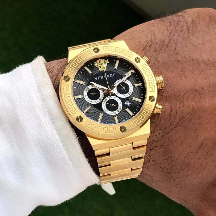  Shop Authentic Versace Greca Chronograph Black Dial Gold Steel Strap Watch For Men - VEZ900421 - Luxxuri