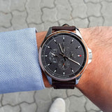  Shop Authentic Tommy Hilfiger Shawn Multifunction Grey Dial Brown Leather Strap Watch for Men - 1791615 - Luxxuri