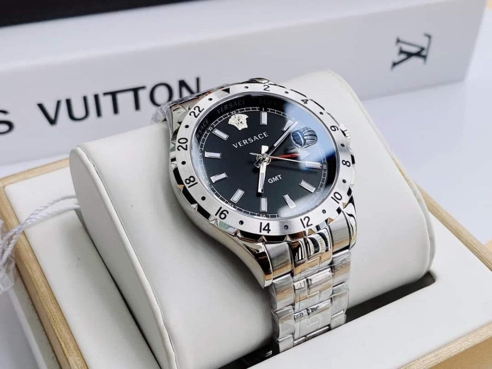  Shop Authentic Versace Hellenyium GMT Black Dial Silver Steel Strap Watch for Men - V11020015 - Luxxuri