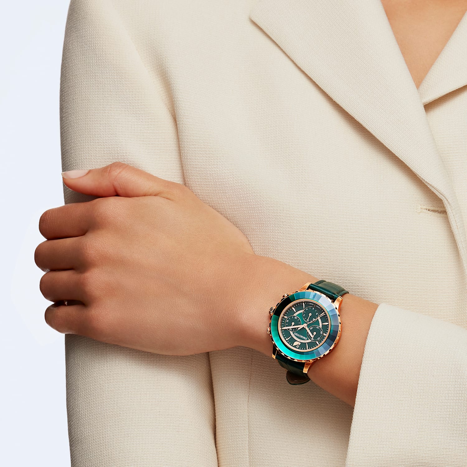  Shop Authentic Swarovski Octea Lux Chrono Emerald Green Dial Green Leather Strap Watch for Women - 5452498 - Luxxuri