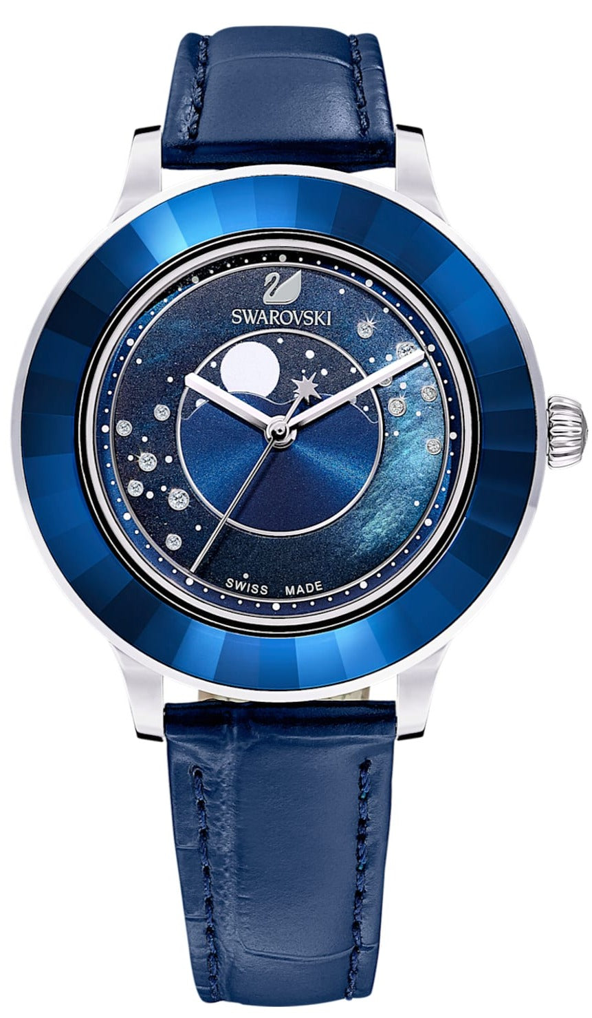  Shop Authentic Swarovski Octea Lux Moon Crystal Blue Dial Blue Leather Strap Watch for Women - 5516305 - Luxxuri