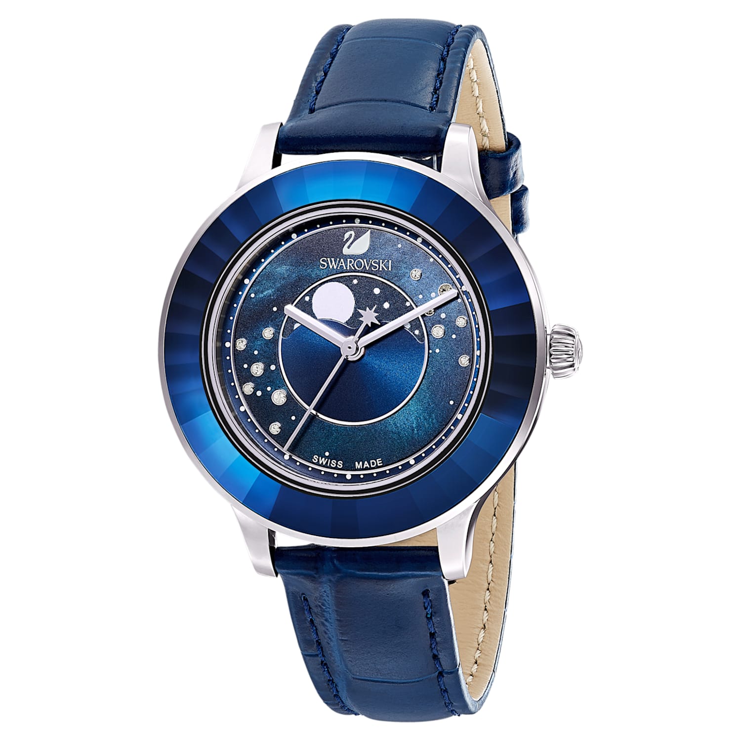  Shop Authentic Swarovski Octea Lux Moon Crystal Blue Dial Blue Leather Strap Watch for Women - 5516305 - Luxxuri