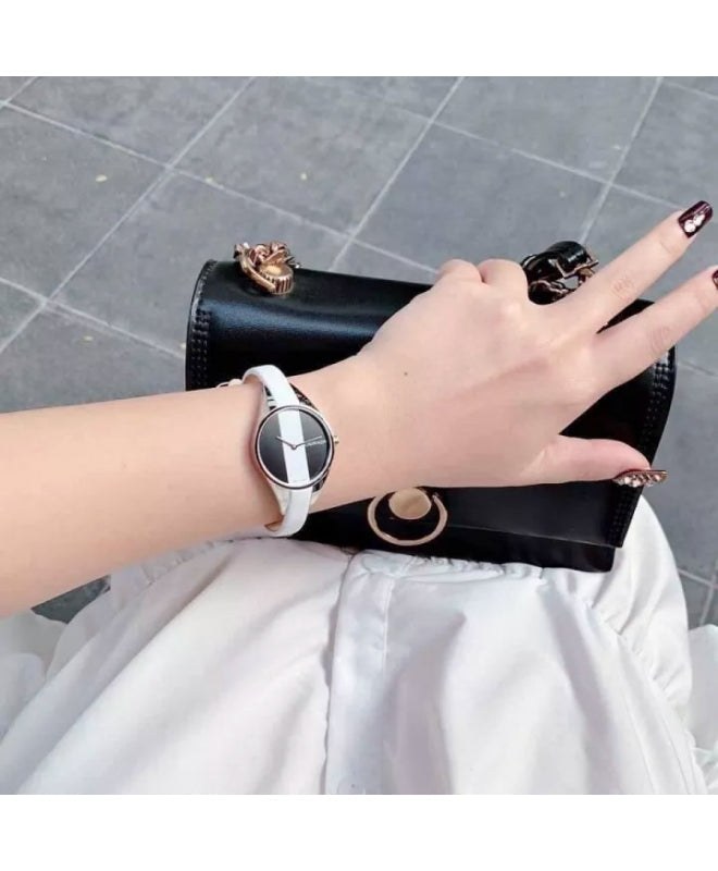  Shop Authentic Calvin Klein Rebel White Black Dial White Leather Strap Watch for Women - K8P231L1 - Luxxuri